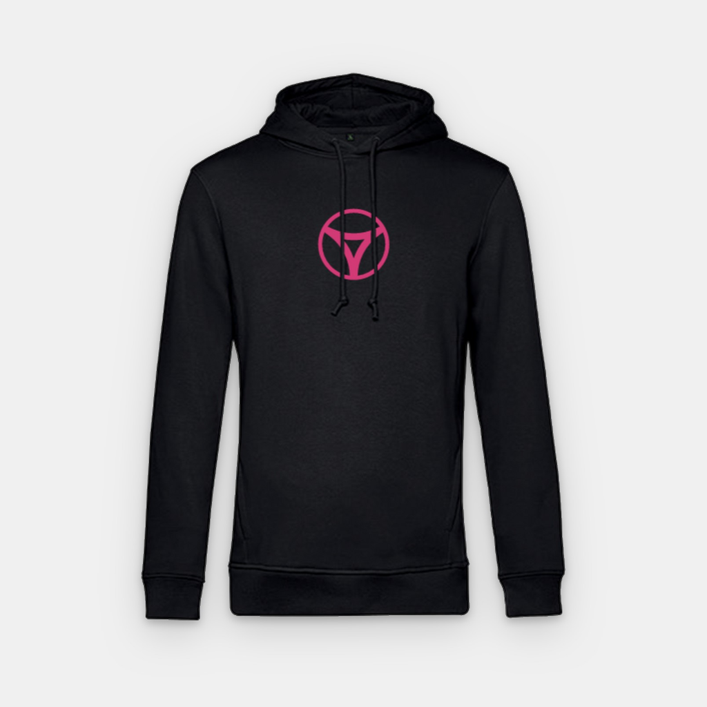 Hoodie negro de myRacket con logo rosa: vista frontal