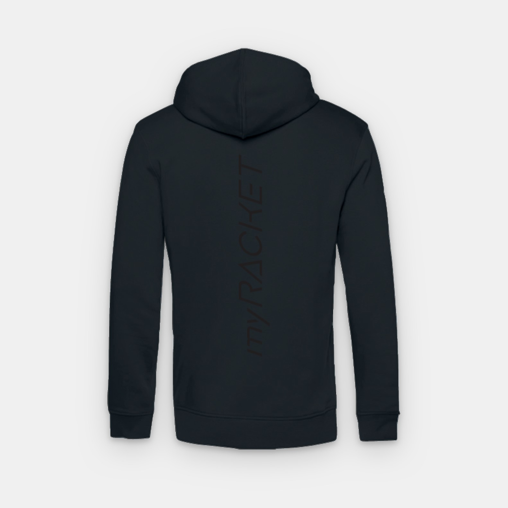 Hoodie negro de myRacket: vista trasera con texto