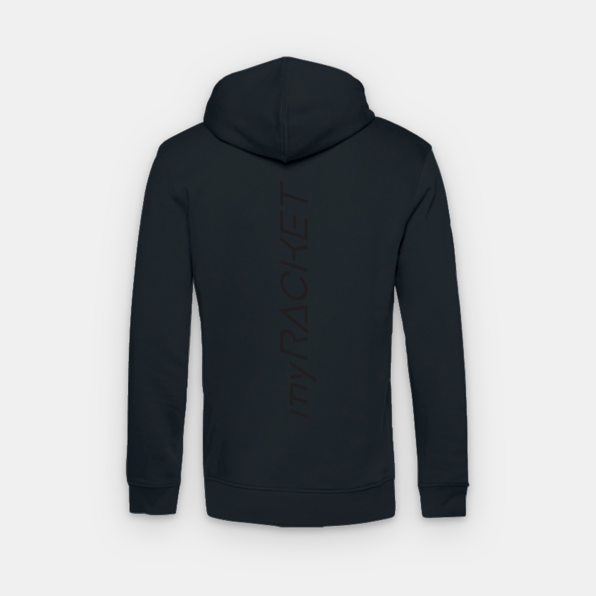 Hoodie negro de myRacket: vista trasera con texto