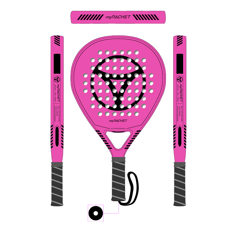 myRacket Padelschläger in Pink – Designzeichnung mit Vorder- und Seitenansicht
