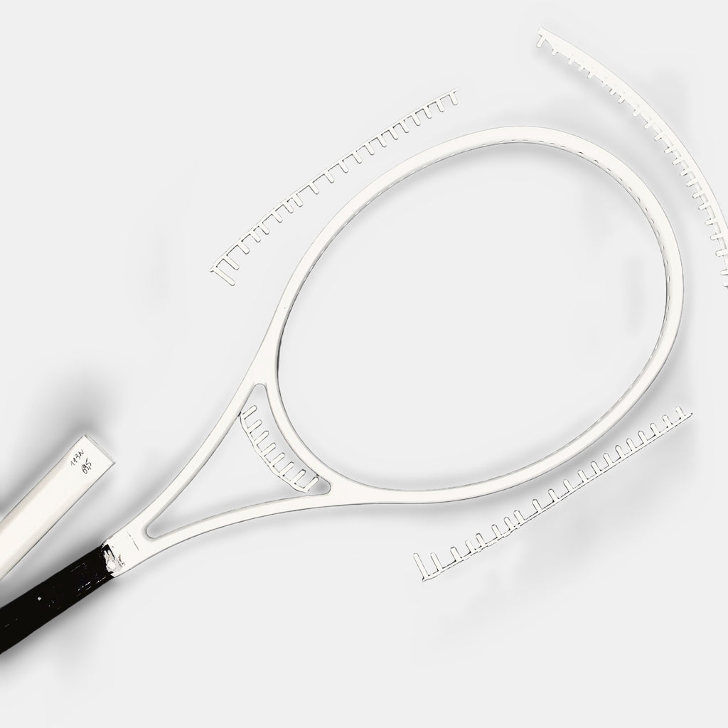 Weißer Rahmen mit Ösenbändern und Griffschale, Bauteile eines Maßschlägers