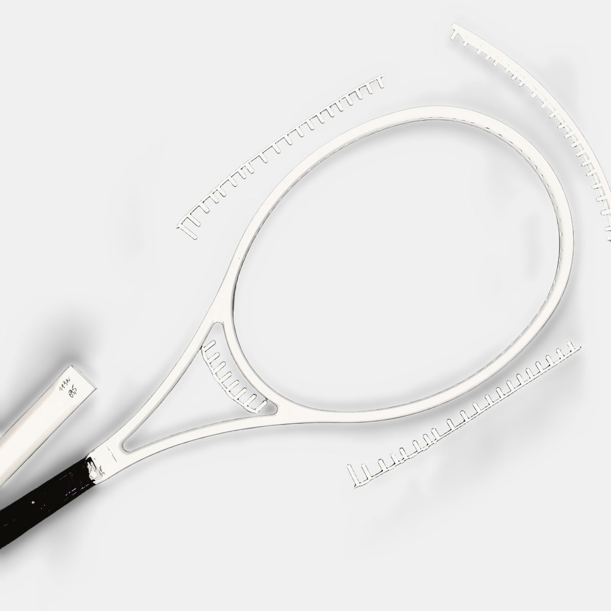 Weißer Rahmen mit Ösenbändern und Griffschale, Bauteile eines Maßschlägers