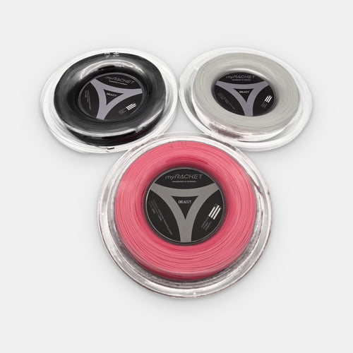 Cordaje de tenis BEAST de myRacket: bobinas en negro, blanco y rosa